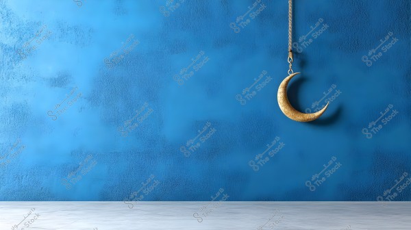 Image of a golden crescent moon hanging from a simple chain against a textured blue wall. The wall has a slightly rough texture, adding an artistic feel to the image. The crescent moon hangs from the right side of the image above a plain white floor.