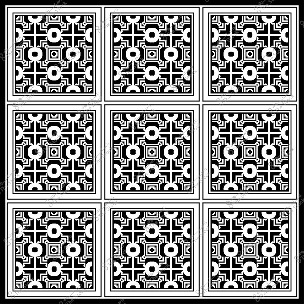 نمط هندسي أبيض وأسود يتكون من تسعة مربعات, يحتوي كل مربع على أشكال دائرية ومربعة معقدة.