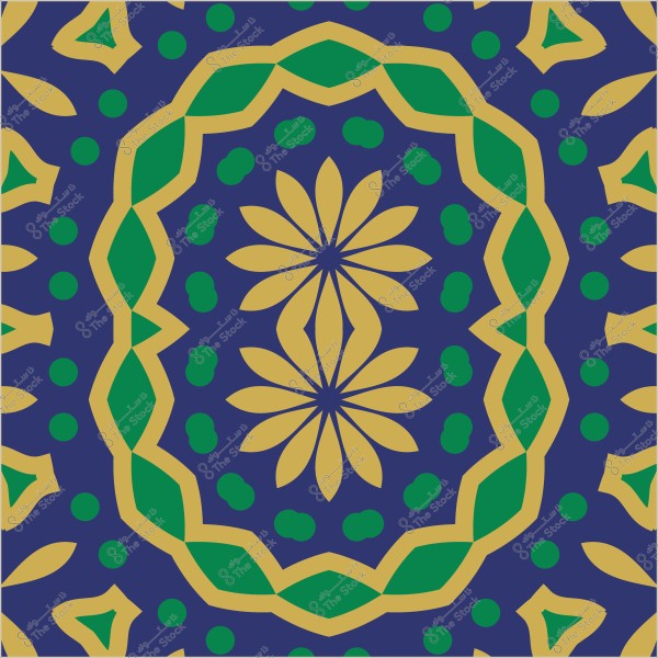 نمط هندسي مزخرف يتضمن زهور صفراء وأشكال خضراء على خلفية زرقاء.