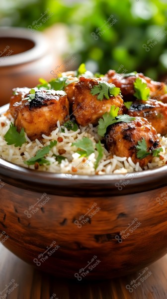 A bowl of white basmati rice served with grilled meatballs in a traditional wooden bowl. The dish is garnished with fresh cilantro leaves, and there is a blurred green background.