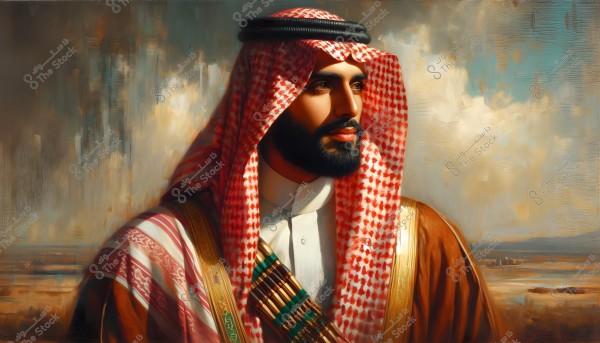 A portrait of a man wearing traditional Saudi attire, including a white thobe, a red checkered shemagh, and a black agal. The background features a blend of warm colors, creating an artistic scene.