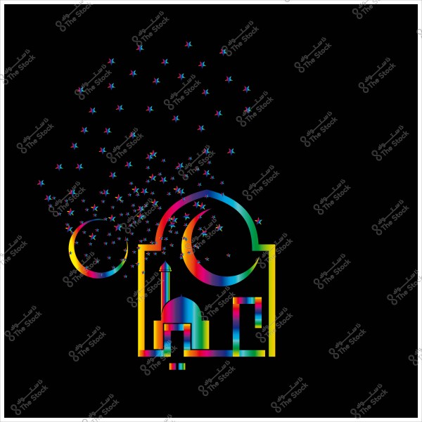 An image of a colorful mosque with a simple design featuring a crescent and stars on a black background.