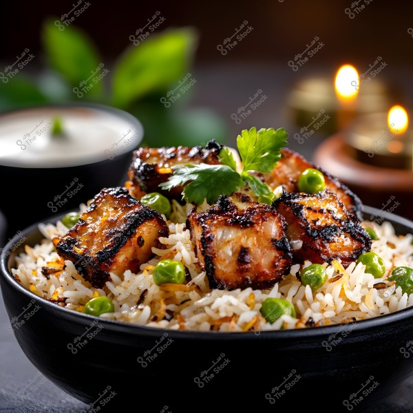A dish consisting of white basmati rice with grilled chicken cubes and green peas, garnished with parsley leaves. The dish is served in a black bowl, with a blurred background featuring plants and soft candlelight.