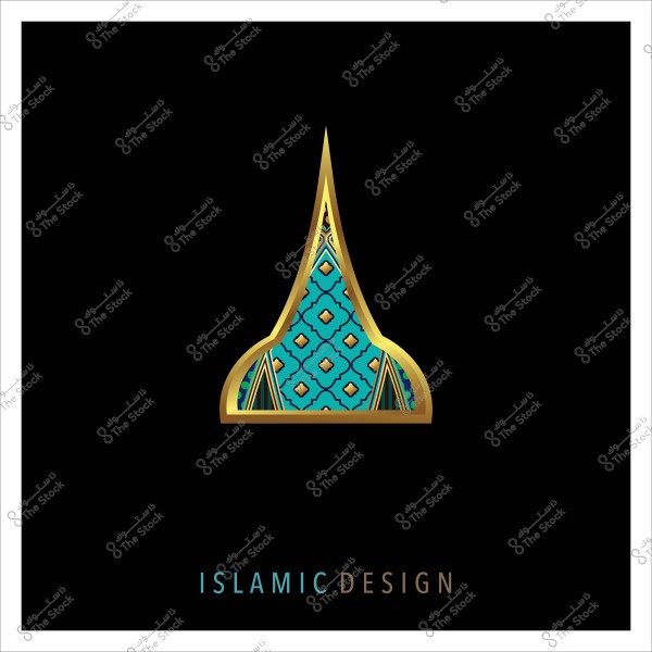 تصميم إسلامي مزخرف بألوان ذهبية وزرقاء على خلفية سوداء.