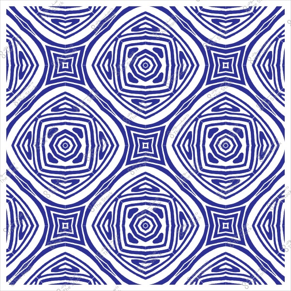 Symmetrical geometric pattern in blue and white with interlocking circular and square designs.