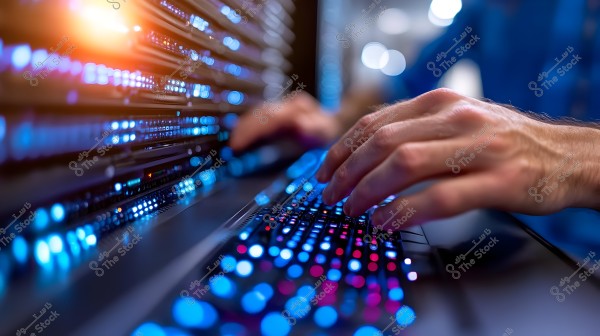 An image showing hands on a keyboard lit with blue and red lights in a data center. In the background, there are glowing blue lights coming from the servers, with a blurred focus that provides a sense of technology and modernity.