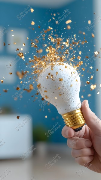 A hand holding a white, unlit light bulb with a golden base, against a blurred blue background. Golden fragments are flying out of the bulb, suggesting innovation or a new idea.