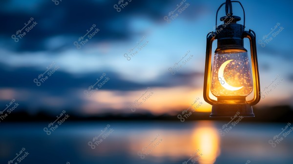 An old oil lantern hanging with a glowing crescent moon inside is suspended against a blurred background of a sunset over calm lake waters. The sky is a blend of blue and orange hues, creating a serene and beautiful scene.