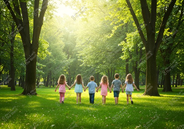 A group of six children walking hand in hand in a green park with tall trees. The children are wearing summer clothes in various colors such as blue and pink. Sunlight filters through the trees, softly illuminating the scene.