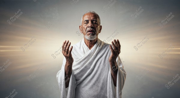A portrait of an elderly man standing in a contemplative pose with his hands raised in prayer, wearing a white Ihram garment. The background is illuminated with a sunbeam effect, adding a spiritual touch to the image.