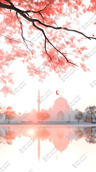Illustration showcasing a beautiful landscape with a mosque, featuring its domes and minaret reflected in a river. Blooming branches with pink leaves hang at the top of the image. Small blossoms fill the scene, giving a sense of tranquility and flow in the air.