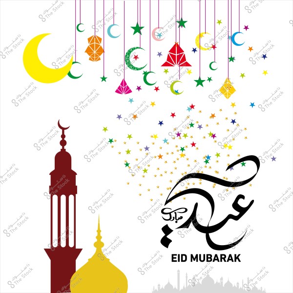 صورة توضح تهنئة عيد مبارك مع تصميم هلال ونجوم وفوانيس ومآذن مزخرفة.