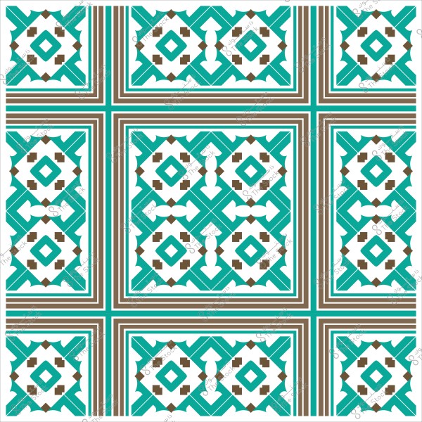 Geometric pattern consisting of circular shapes and brown and green motifs.