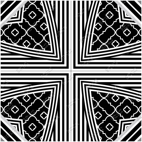 تصميم هندسي بخطوط سوداء وبيضاء متقاطعة, مع زخارف عربية على شكل مربعات ودوائر في الزوايا.