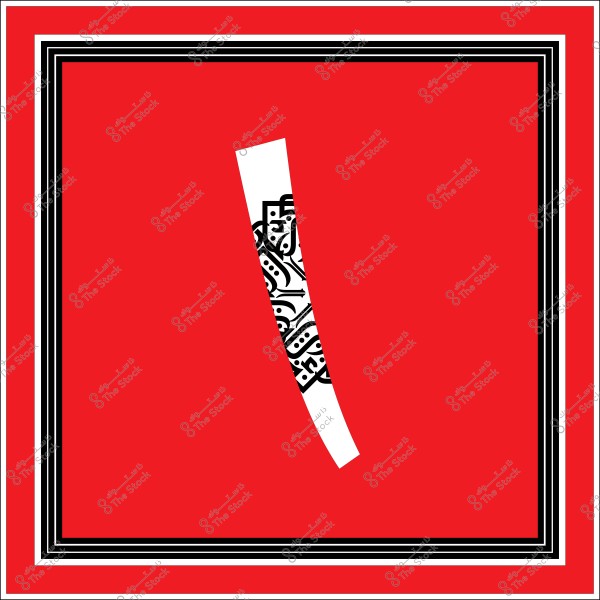 An abstract image featuring a red background with a black and white artistic design in the center, extending vertically. The design includes geometric shapes and intricate patterns. The surrounding frame consists of symmetrically arranged black and white lines.