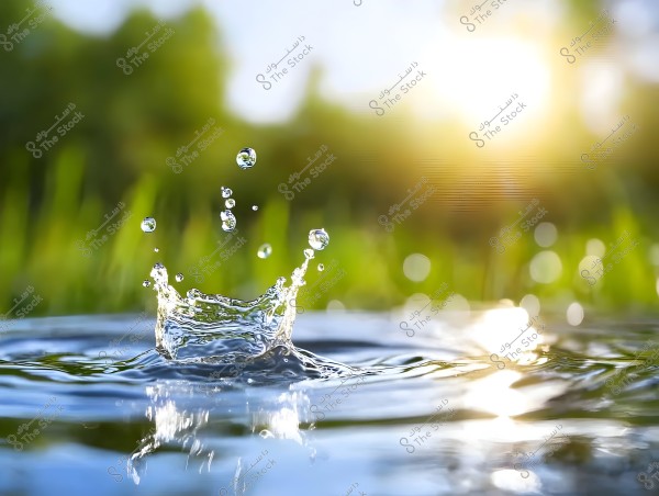 An image of water droplets splashing above the surface of a small pond. The light reflects off the water, creating a sparkling effect. In the background, green grass is clearly visible with bright sunlight filtering through blurry trees.