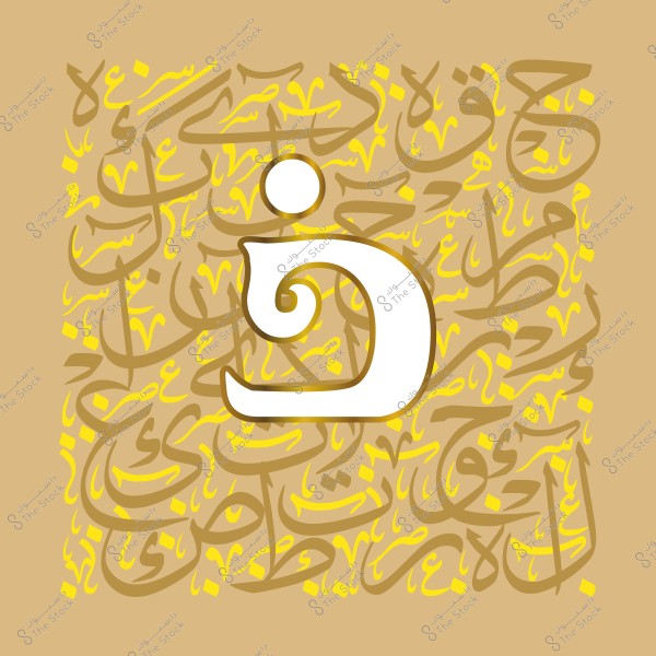 لوحة جرافيكية مزخرفة بحرف الذال بالخط العربي باللون الأبيض على خلفية ذهبية مزينة بنقوش خطية عربية.