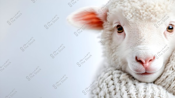 Close-up image of a lamb\'s face with thick white fur and a pink ear on the left side. The lamb appears wrapped in a white woolen fabric, giving a sense of warmth and softness. The background is blurred and light-colored, drawing full attention to the details of the lamb\'s face.