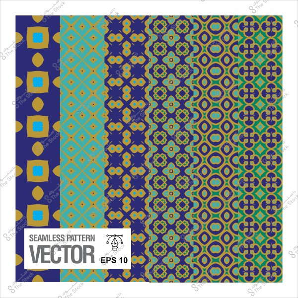 أنماط زخرفية متماثلة بألوان الأزرق والذهبي والسماوي, تحتوي على تصميمات هندسية وزهرية.