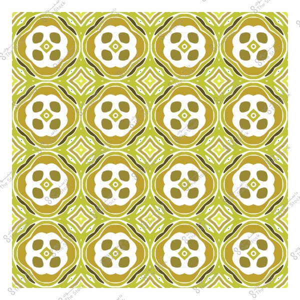 Symmetrical geometric pattern design with circular shapes and botanical motifs in green and olive colors.
