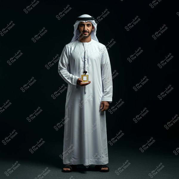 Portrait of a man wearing traditional Gulf attire, including a white kandura and a white ghutra with a black agal. He is holding a perfume bottle in his hand, standing upright against a dark background, exuding confidence and calmness.