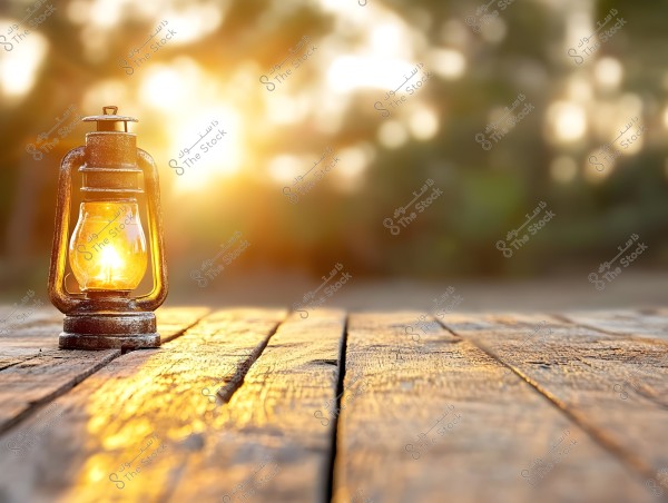 An old metal lantern sits on a wooden plank in the foreground with warm sunlight shining in the background. The image features warm natural lighting with a contrast between the glowing lantern and the blurred background of a natural setting.