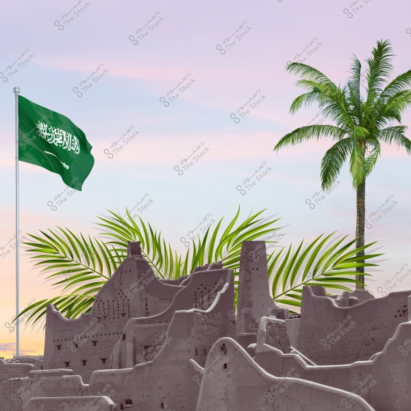 The image features a scene with the flag of Saudi Arabia waving on a flagpole next to ancient clay ruins. In the foreground, there are green palm trees. The backdrop shows a beautifully colored sunset sky.