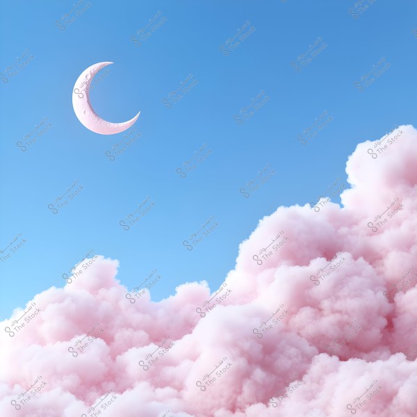 An image depicting a blue sky with a white crescent moon floating above soft pink clouds, resembling cotton candy, filling the bottom right corner of the scene.