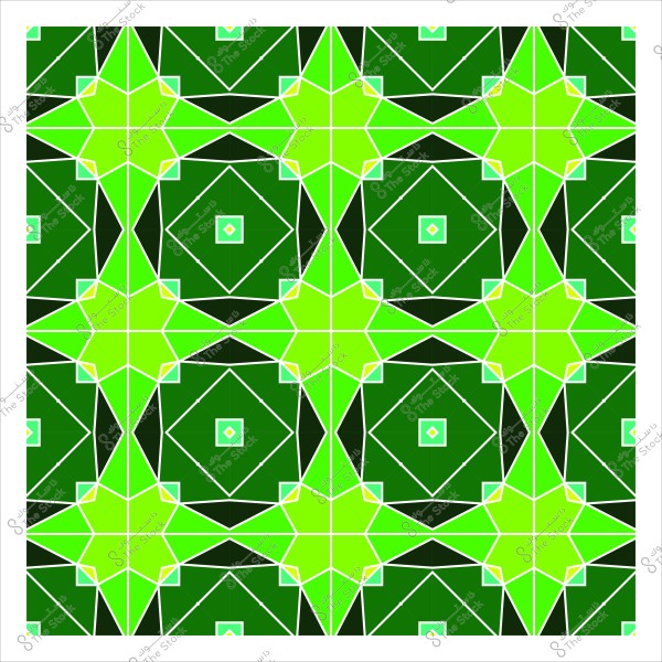 نمط هندسي متماثل بالألوان الخضراء والداكنة والفاتحة, يتضمن أشكال نجمية ومربعات متداخلة. التصميم يتكون من تكرار الوحدات الزخرفية عبر سطح مستوٍ, مما يخلق تأثيرًا بصريًا جميلاً ومتوازنًا.

-