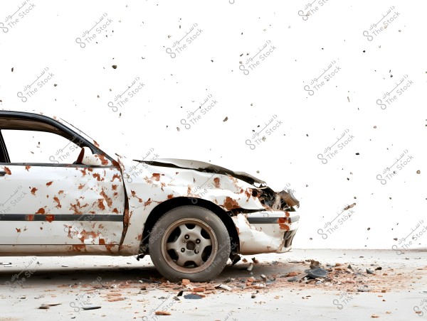 Image of a white car that has been in an accident with dents and damage on the front side. The damage is visible on the car\'s body, with brown paint scattered on it. There are pieces of debris in the air and on the ground around the car.