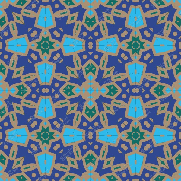 Geometric design with repeating patterns in blue, gold, and green colors.
