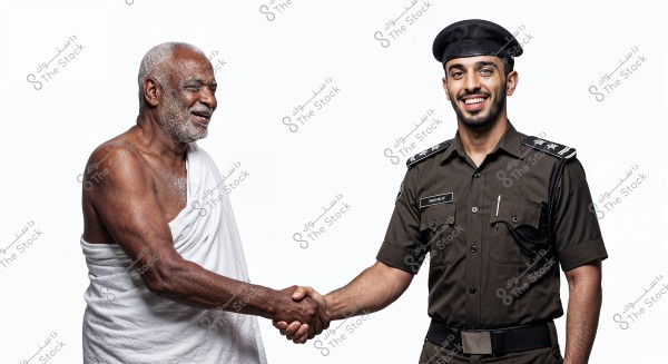 The image shows two men smiling and shaking hands. The older man is dressed in a white ihram, an Islamic tradition, while the other man is wearing a dark-colored official uniform, resembling a security or law enforcement attire. The background of the image is white and clear.