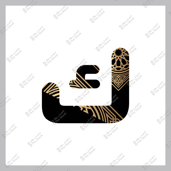 The Arabic letter "Kaf" decorated with golden patterns on a white background.
