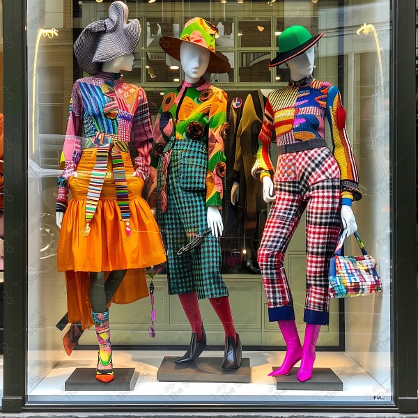 A store window displaying three mannequins dressed in vibrant and colorful outfits with distinctive hats, reflecting a bold and unique style. This image was generated by artificial intelligence.