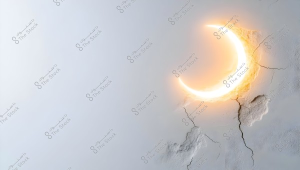 Image depicting a glowing crescent that appears to be embedded in a cracked wall. The glow from the crescent extends onto the wall, adding a warm luminance to the scene. The area around the crescent is cracked and textured, giving the image an aged and weathered feel.