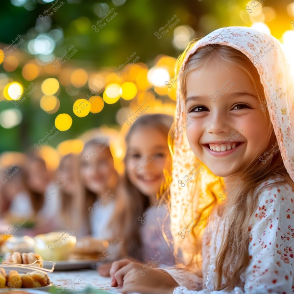 صورة لفتاة صغيرة تبتسم وهي ترتدي وشاحًا زاهي الألوان يجلس على رأسها. تبدو سعيدة وهي جالسة على طاولة مليئة بالطعام. في الخلفية, يظهر عدد من الأطفال على نفس الطاولة بأضواء خافتة وزينة تملأ المشهد, مما يضفي جوًا احتفاليًا ودافئًا.