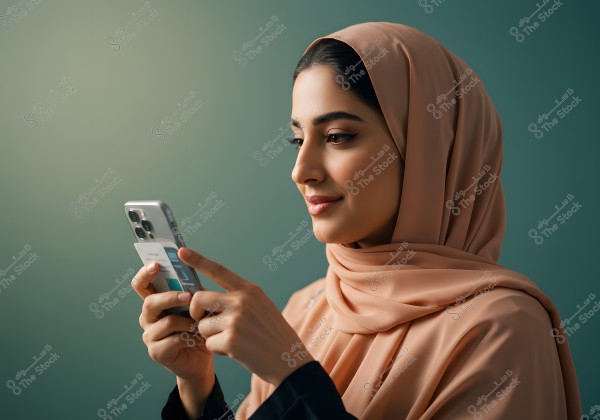 صورة لشابة ترتدي حجاباً بني اللون, تمسك بهاتف محمول وتستخدمه. تنظر بهدوء واهتمام إلى الشاشة. الخلفية ذات لون أخضر محايد. الصورة قد تكون من إحدى الدول العربية.