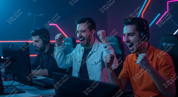 The image shows three men seated in front of computers in a thrilling gaming environment with blue and red neon lights. The first man is wearing a headset and is focused on the game, while the other two are visibly excited, raising their fists in celebration. One is wearing an orange shirt and the other a light-colored jacket.