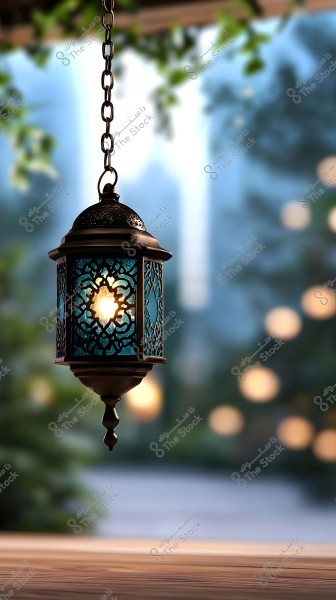A metal lantern hanging from a chain, featuring a traditional design with Arabic patterns, illuminated by a warm light from within. The background is blurred, showing natural light and bokeh circular lights, creating a sense of calm and serenity.