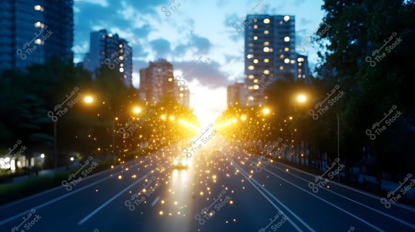 A nighttime scene of a city street lined with tall buildings, lit by streetlights casting a yellow glow that creates a magical effect resembling golden dust scattered across the road. The horizon is visible with a blue sky and some clouds in the background, with hints of cars passing by on the road.
