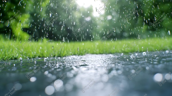 The image shows raindrops falling on a smooth surface, with a background of green grass and blurred trees. The light reflecting on the water highlights the raindrops clearly.