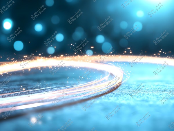 An image depicting glowing golden light trails extending across the frame over a dark surface. The background consists of blue light bokeh, giving the image a space-like or fantasy appearance.