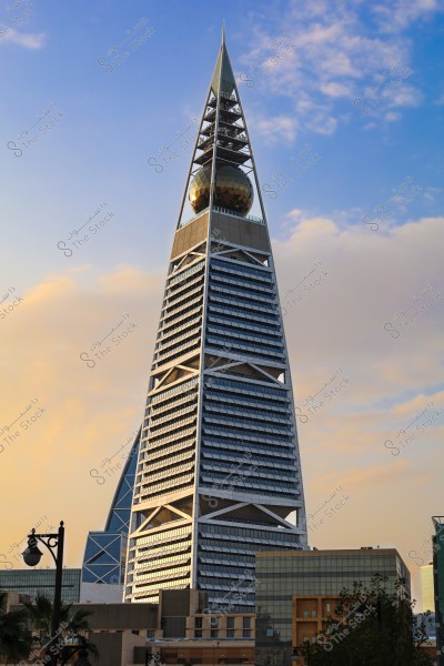 Image of Al Faisaliah Tower in Riyadh, Saudi Arabia. The tower features its distinctive geometric design with a pointed top and a glass sphere near the peak. The tower stands against a clear sky with a few clouds, a backdrop of modern buildings, and palm trees at the bottom.