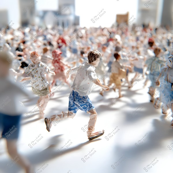 An image showing a large group of people in motion, resembling paper figurines. The individuals wear colorful casual clothing, with many in shirts and shorts. The focus is on one person in the foreground wearing a polka-dotted shirt and blue shorts, while the background is crowded with others in movement.