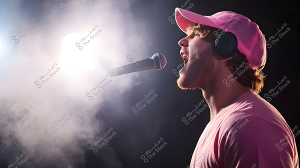 Image of a man wearing a pink cap and headphones, singing into a microphone under bright lighting with smoke effects in the background. The man is wearing a pink shirt.
