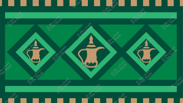 صورة تحتوي على تصميم هندسي بخلفية خضراء مع ثلاثة أشكال ذهبية لدلة القهوة العربية, كل منها موجودة داخل أشكال ماسية خضراء متداخلة. التصميم محاط بخطوط متناوبة باللون الأخضر والذهبي.