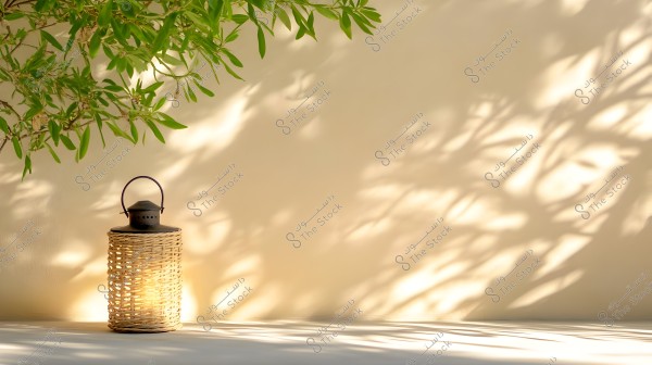Image of a candle inside a wicker lantern placed on a smooth surface. The top of the image shows shadows of tree branches on a beige wall in the background, creating a calm and natural atmosphere.