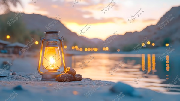 A lit lantern with warm light placed on a riverbank, with a few dates beside it, during sunset. The background shows silhouetted mountains and scattered lights reflecting on the water, creating a tranquil and beautiful scene.
