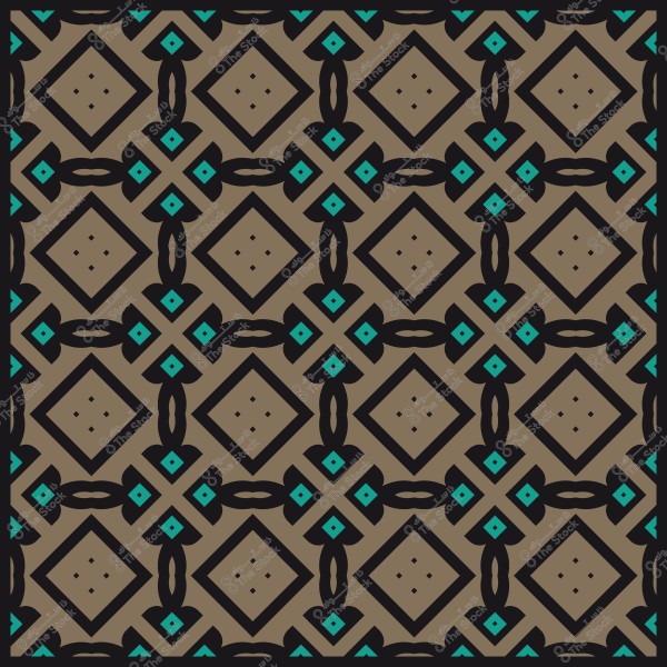 Repeated decorative pattern in brown, black, and blue colors, forming a geometric design with squares and square-like elements.