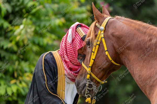 A man wearing traditional Saudi attire, including a red ghutra, white thobe, and black bisht, is leaning in close to a brown horse in an intimate moment. Rich green foliage is visible in the background.\r\n\r\n##